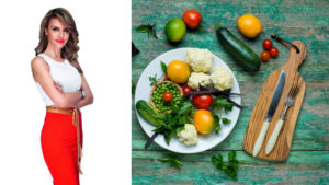 Γυναίκα και ένα πιάτο με φρούτα και λαχανικά 